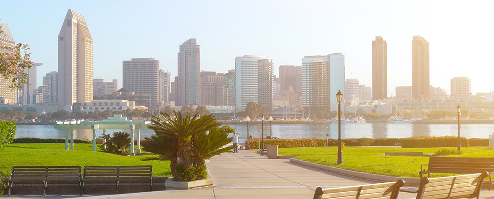 View from Coronado Island to downtown San Diego City in the early morning on a sunny day.